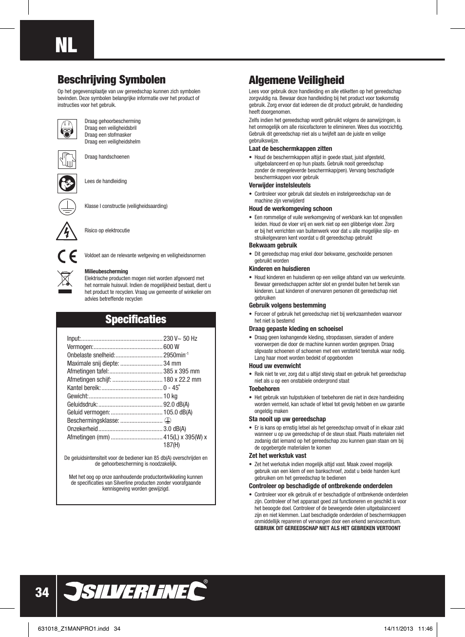 Specificaties, Algemene veiligheid, Beschrijving symbolen | Silverline Tile Cutter 600W User Manual | Page 35 / 40