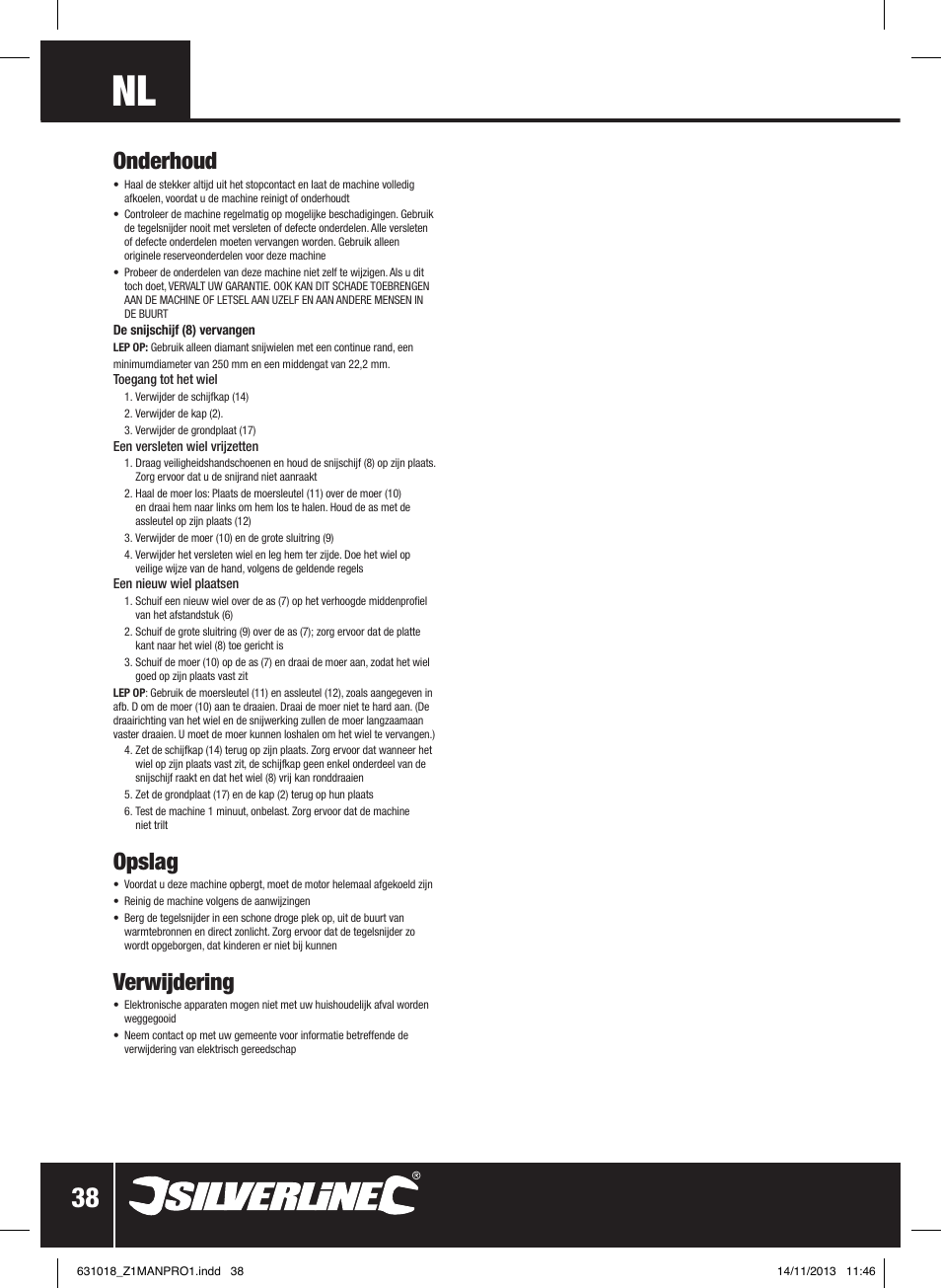 Onderhoud, Opslag, Verwijdering | Silverline Tile Cutter 600W User Manual | Page 39 / 40