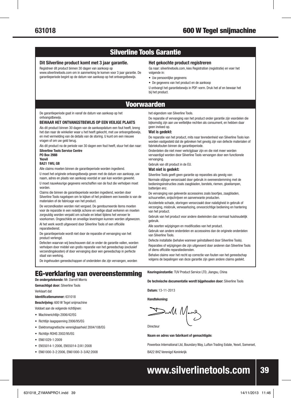 Eg-verklaring van overeenstemming | Silverline Tile Cutter 600W User Manual | Page 40 / 40