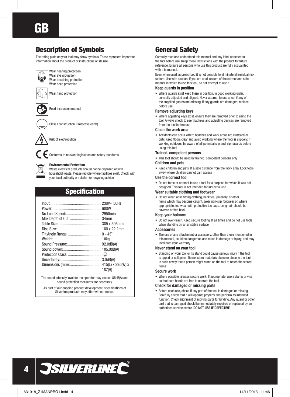 General safety, Specification, Description of symbols | Silverline Tile Cutter 600W User Manual | Page 5 / 40