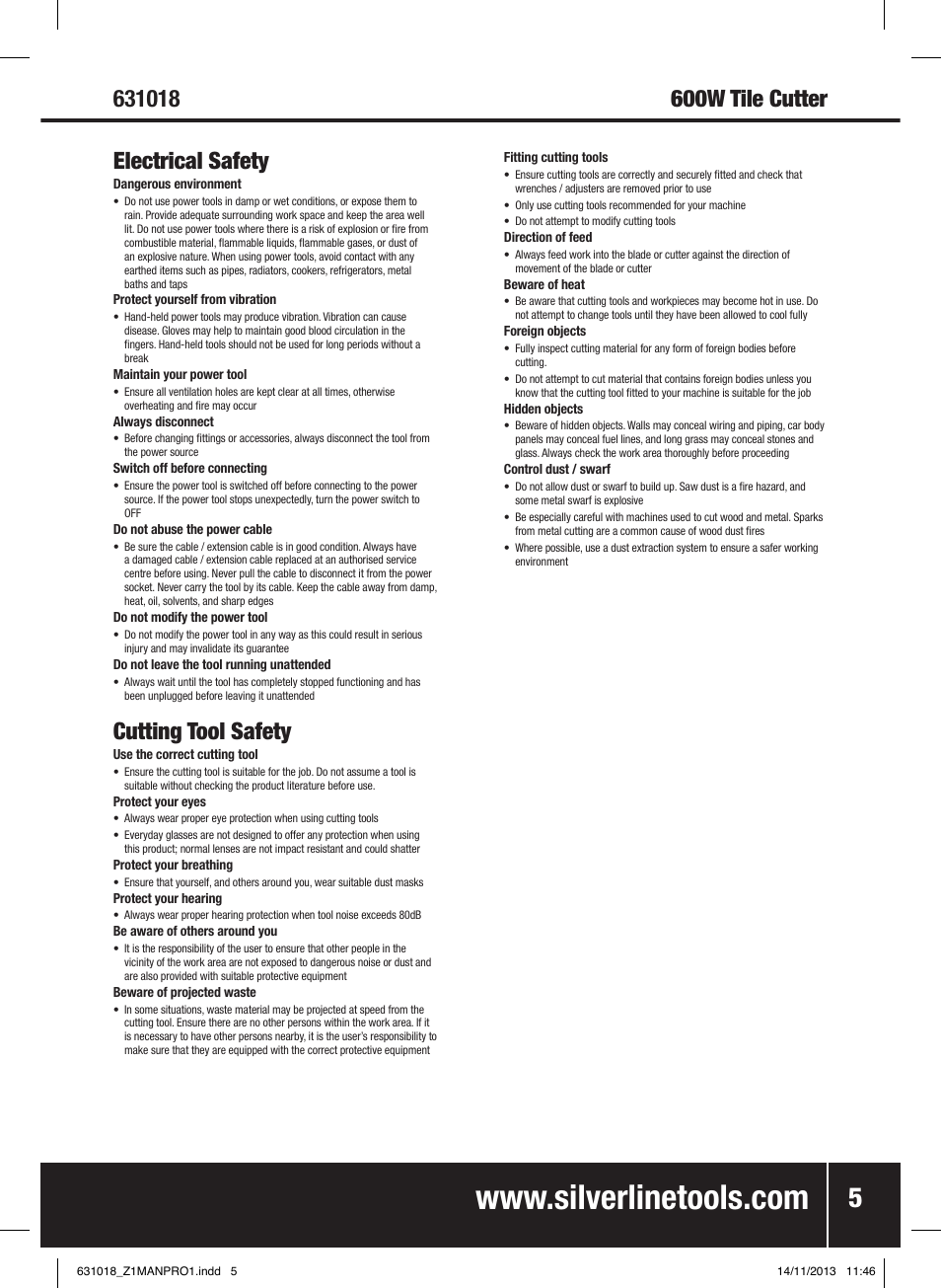 Cutting tool safety, 600w tile cutter | Silverline Tile Cutter 600W User Manual | Page 6 / 40