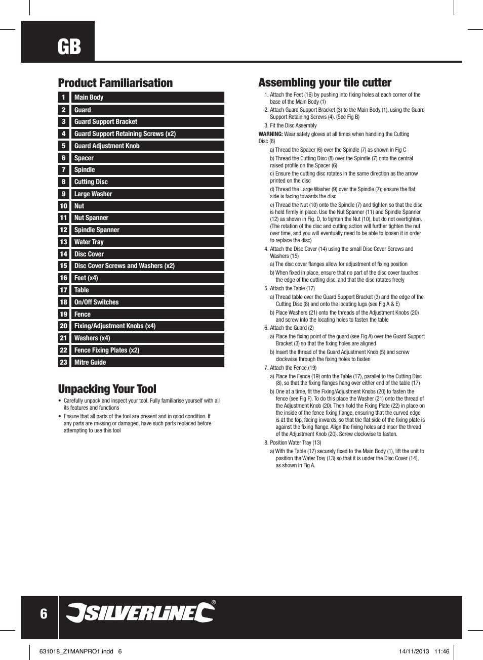 Unpacking your tool, Assembling your tile cutter, Product familiarisation | Silverline Tile Cutter 600W User Manual | Page 7 / 40