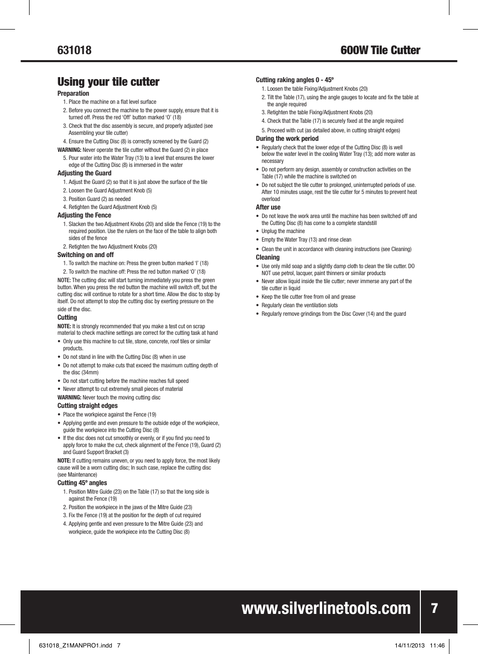 Silverline Tile Cutter 600W User Manual | Page 8 / 40