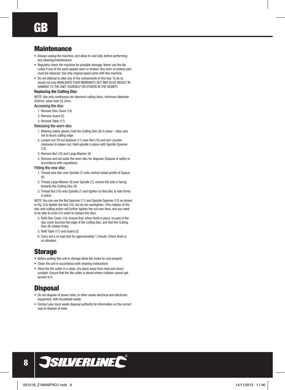 Maintenance, Storage, Disposal | Silverline Tile Cutter 600W User Manual | Page 9 / 40