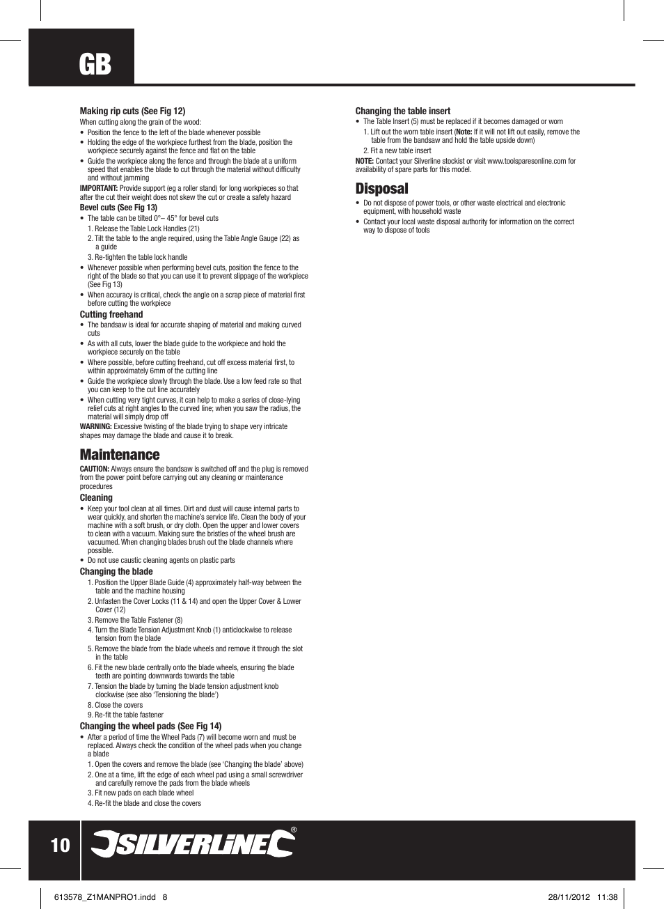 Maintenance, Disposal | Silverline Bandsaw 200mm User Manual | Page 11 / 42