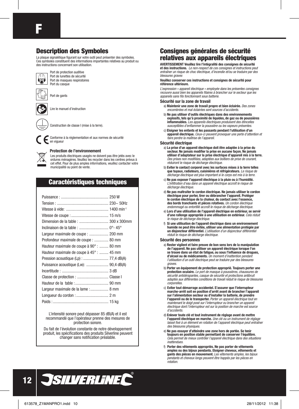 Description des symboles, Caractéristiques techniques | Silverline Bandsaw 200mm User Manual | Page 13 / 42