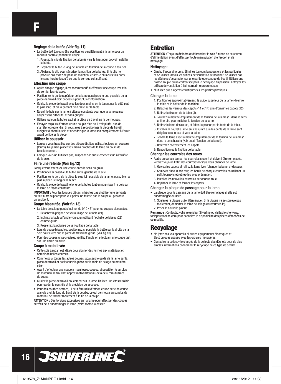 Entretien, Recyclage | Silverline Bandsaw 200mm User Manual | Page 17 / 42