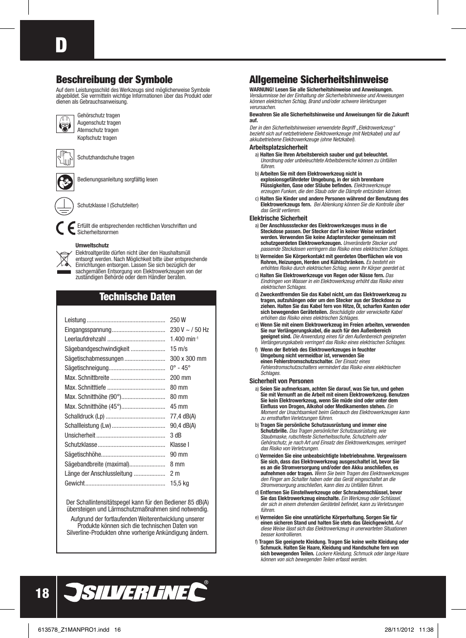 Beschreibung der symbole, Allgemeine sicherheitshinweise, Technische daten | Silverline Bandsaw 200mm User Manual | Page 19 / 42