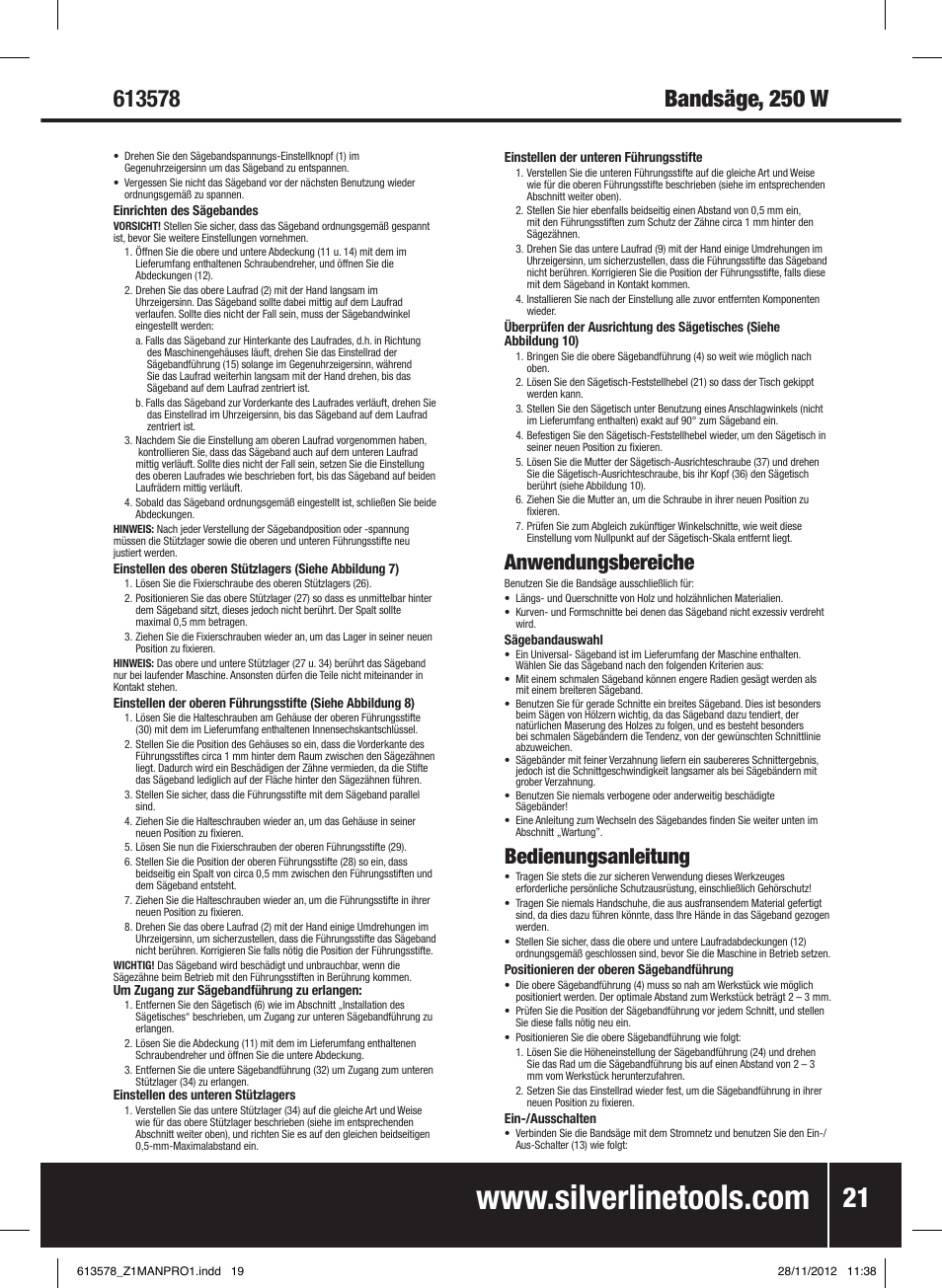 Anwendungsbereiche, Bedienungsanleitung | Silverline Bandsaw 200mm User Manual | Page 22 / 42