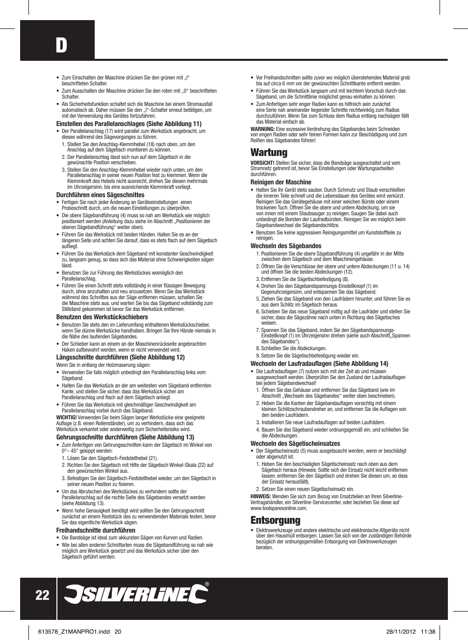 Wartung, Entsorgung | Silverline Bandsaw 200mm User Manual | Page 23 / 42