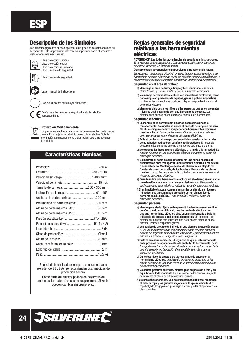 Desp, Descripción de los símbolos, Características técnicas | Silverline Bandsaw 200mm User Manual | Page 25 / 42