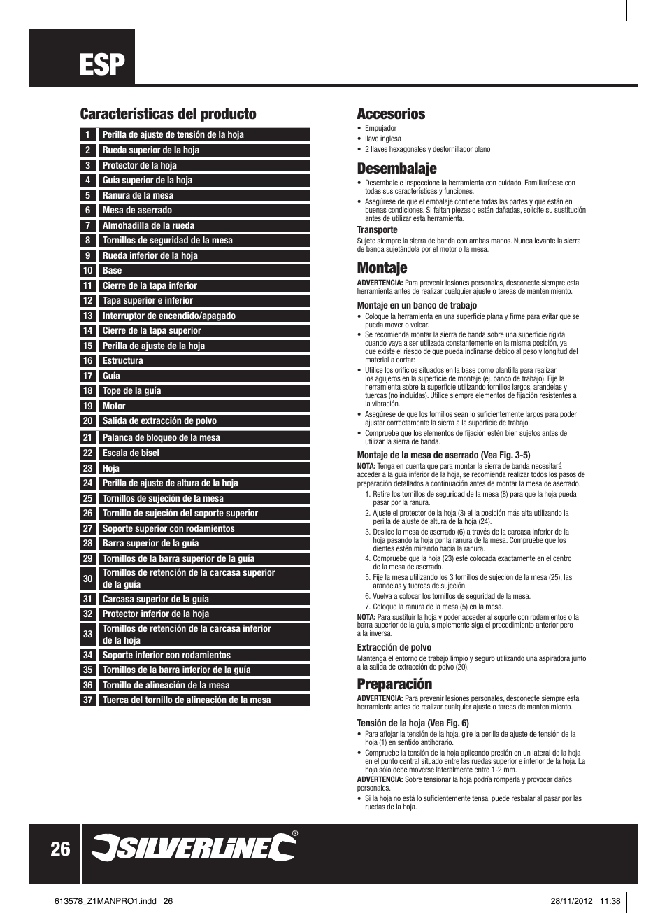 Accesorios, Desembalaje, Montaje | Preparación, Características del producto | Silverline Bandsaw 200mm User Manual | Page 27 / 42