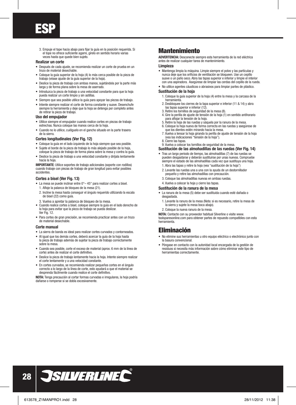 Mantenimiento, Eliminación | Silverline Bandsaw 200mm User Manual | Page 29 / 42