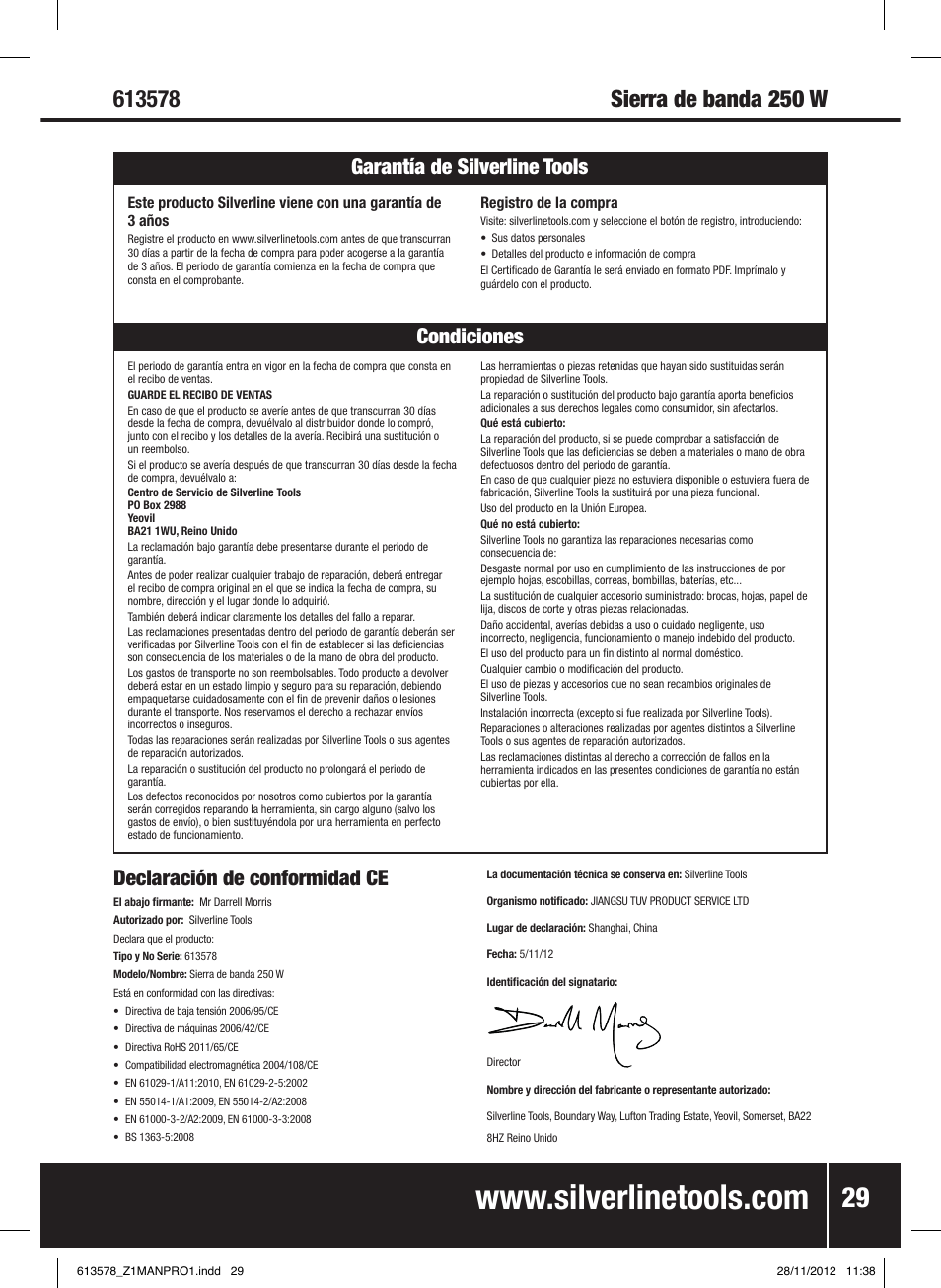 Declaración de conformidad ce | Silverline Bandsaw 200mm User Manual | Page 30 / 42