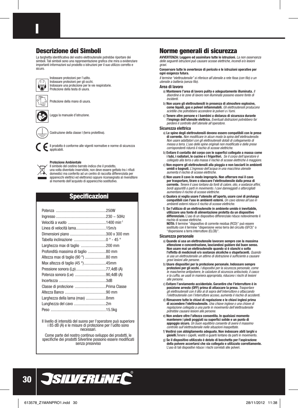 Norme generali di sicurezza, Descrizione dei simboli, Specificazioni | Silverline Bandsaw 200mm User Manual | Page 31 / 42