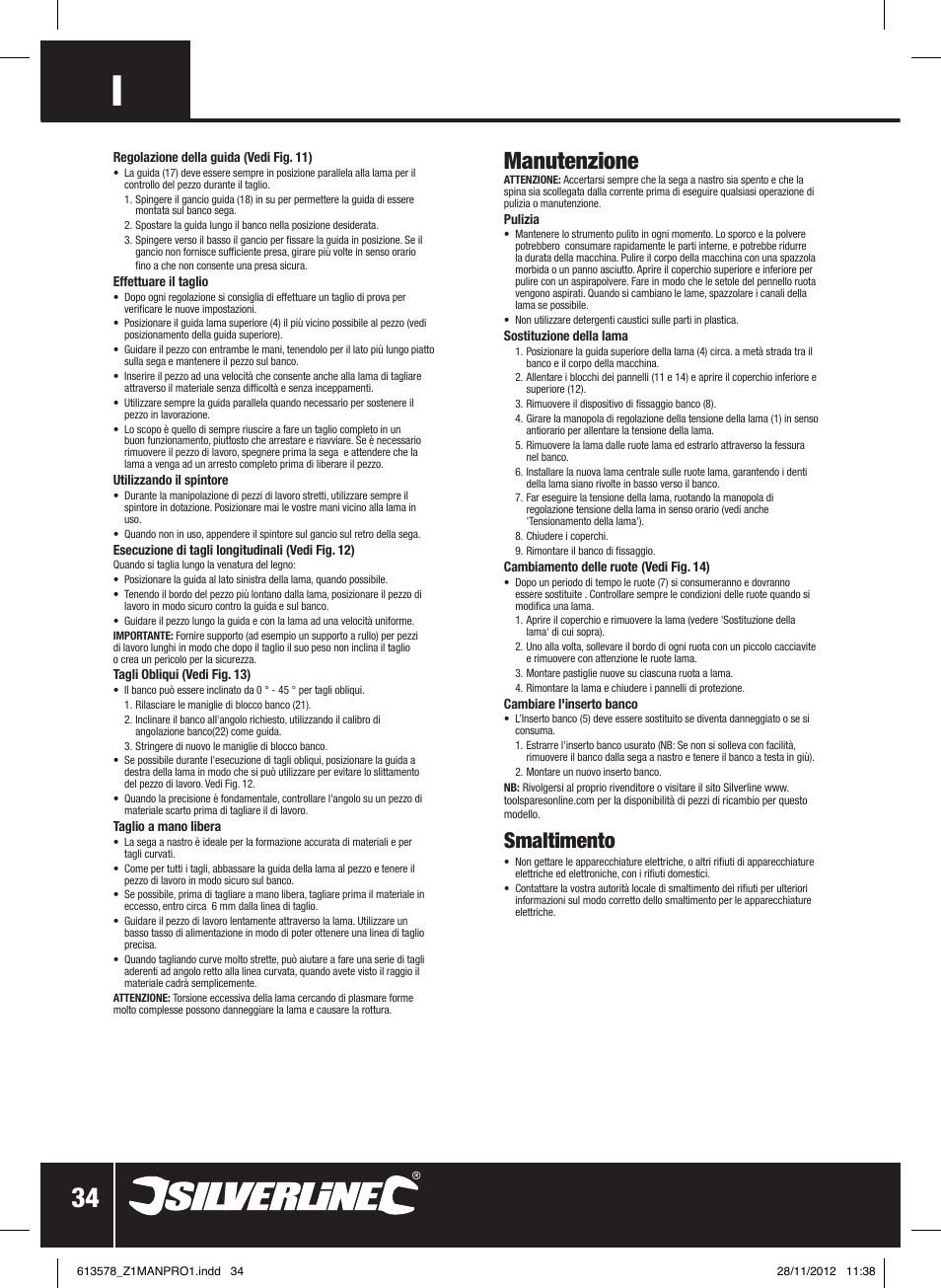 Manutenzione, Smaltimento | Silverline Bandsaw 200mm User Manual | Page 35 / 42