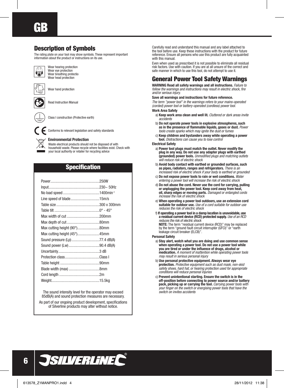 General power tool safety warnings, Description of symbols, Specification | Silverline Bandsaw 200mm User Manual | Page 7 / 42