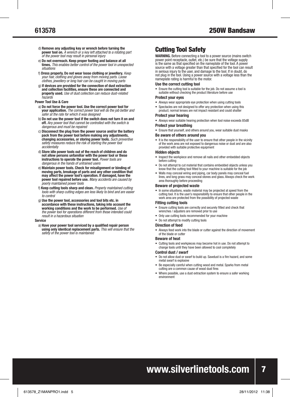250w bandsaw, Cutting tool safety | Silverline Bandsaw 200mm User Manual | Page 8 / 42
