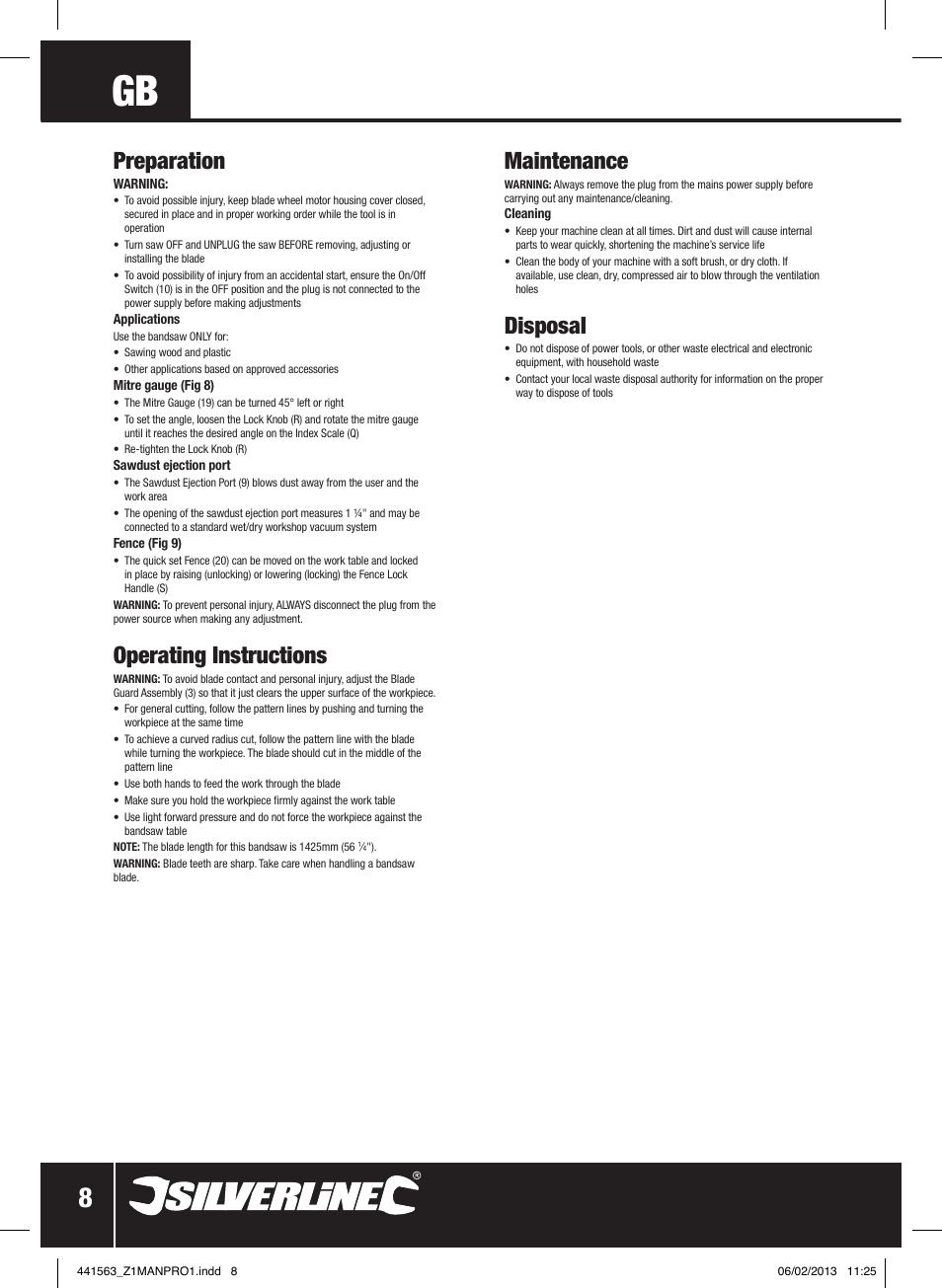 Preparation, Operating instructions, Maintenance | Disposal | Silverline Bandsaw 190mm User Manual | Page 11 / 42