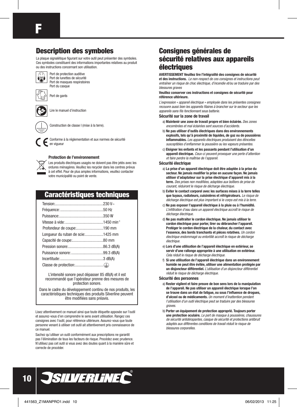 Description des symboles, Caractéristiques techniques | Silverline Bandsaw 190mm User Manual | Page 13 / 42