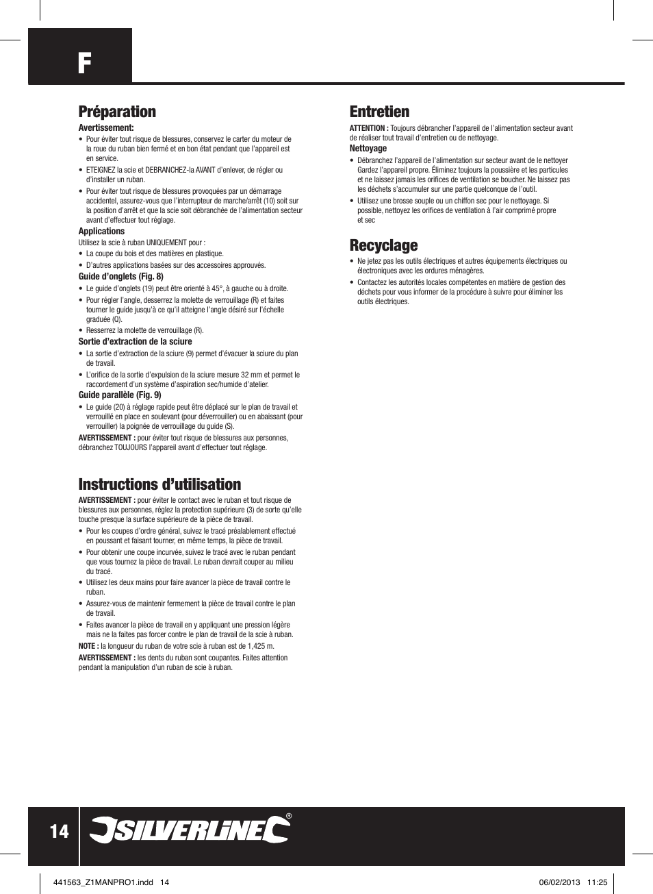 Préparation, Instructions d’utilisation, Entretien | Recyclage | Silverline Bandsaw 190mm User Manual | Page 17 / 42