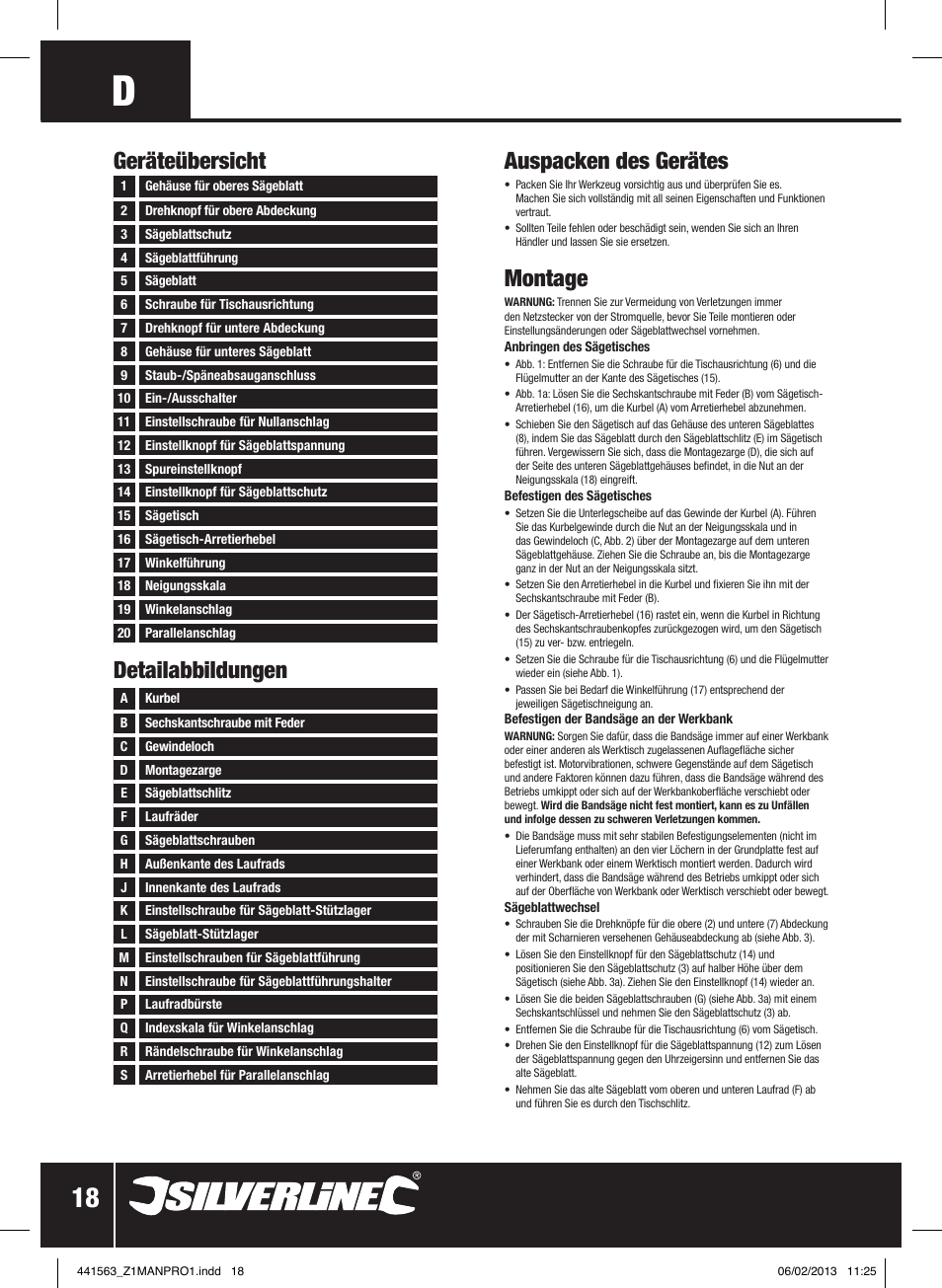 Detailabbildungen auspacken des gerätes, Montage, Geräteübersicht | Silverline Bandsaw 190mm User Manual | Page 21 / 42