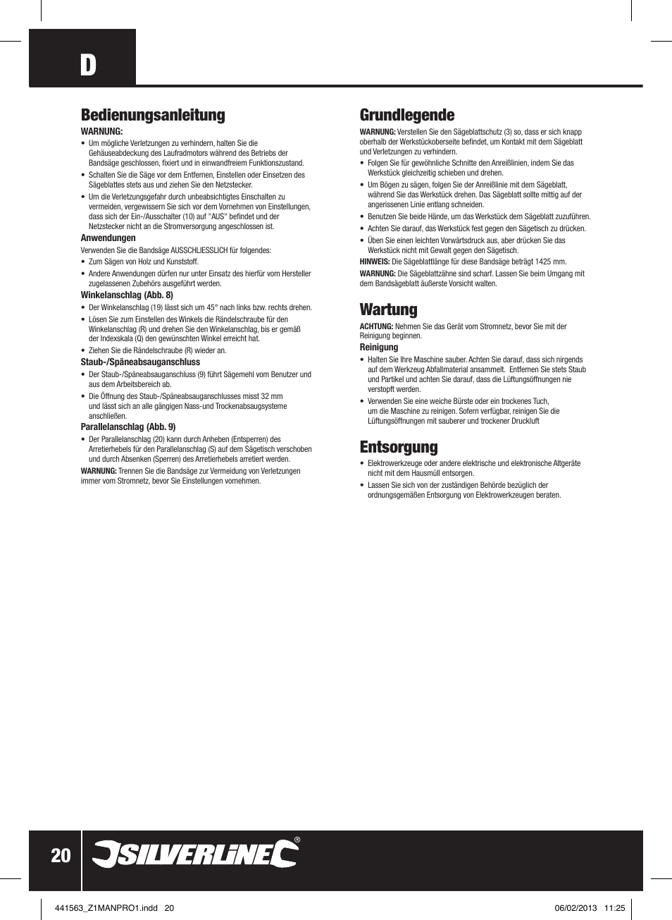 Bedienungsanleitung, Grundlegende, Wartung | Entsorgung | Silverline Bandsaw 190mm User Manual | Page 23 / 42