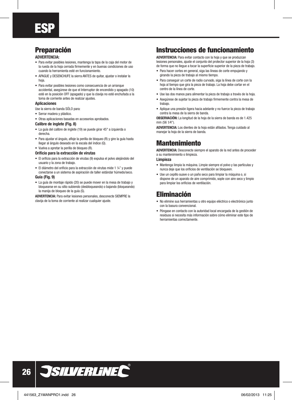 Preparación, Instrucciones de funcionamiento, Mantenimiento | Eliminación | Silverline Bandsaw 190mm User Manual | Page 29 / 42