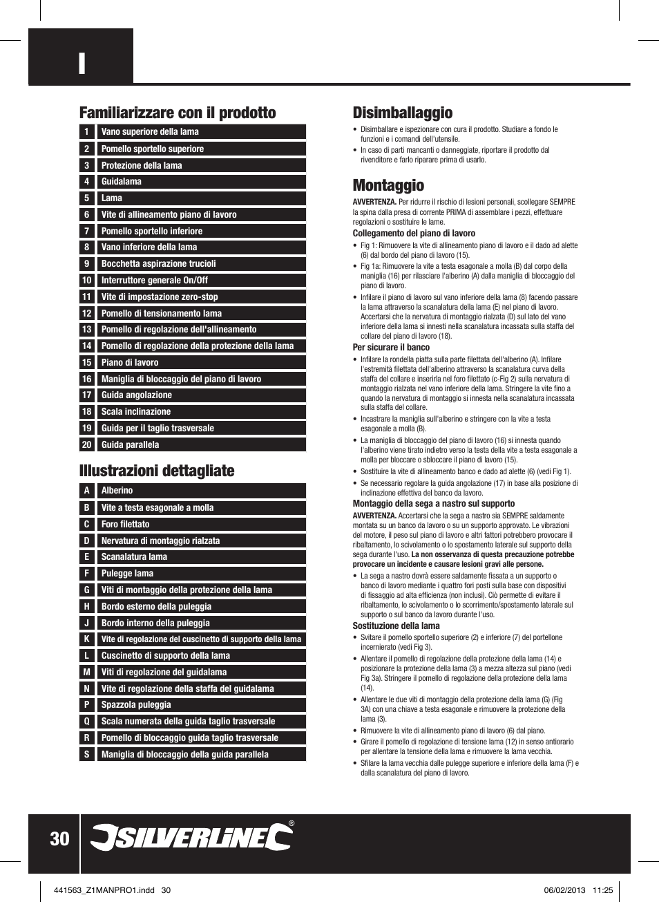 Illustrazioni dettagliate disimballaggio, Montaggio, Familiarizzare con il prodotto | Silverline Bandsaw 190mm User Manual | Page 33 / 42