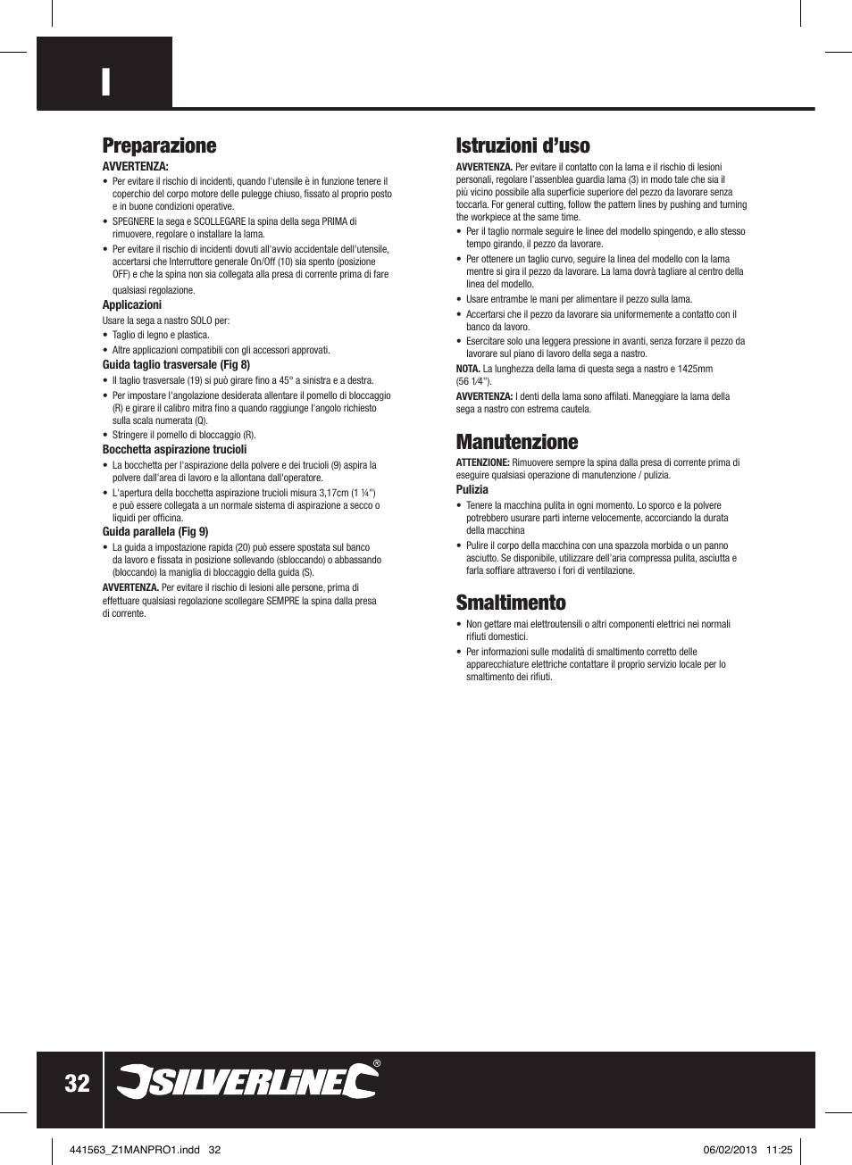 Preparazione, Istruzioni d’uso, Manutenzione | Smaltimento | Silverline Bandsaw 190mm User Manual | Page 35 / 42