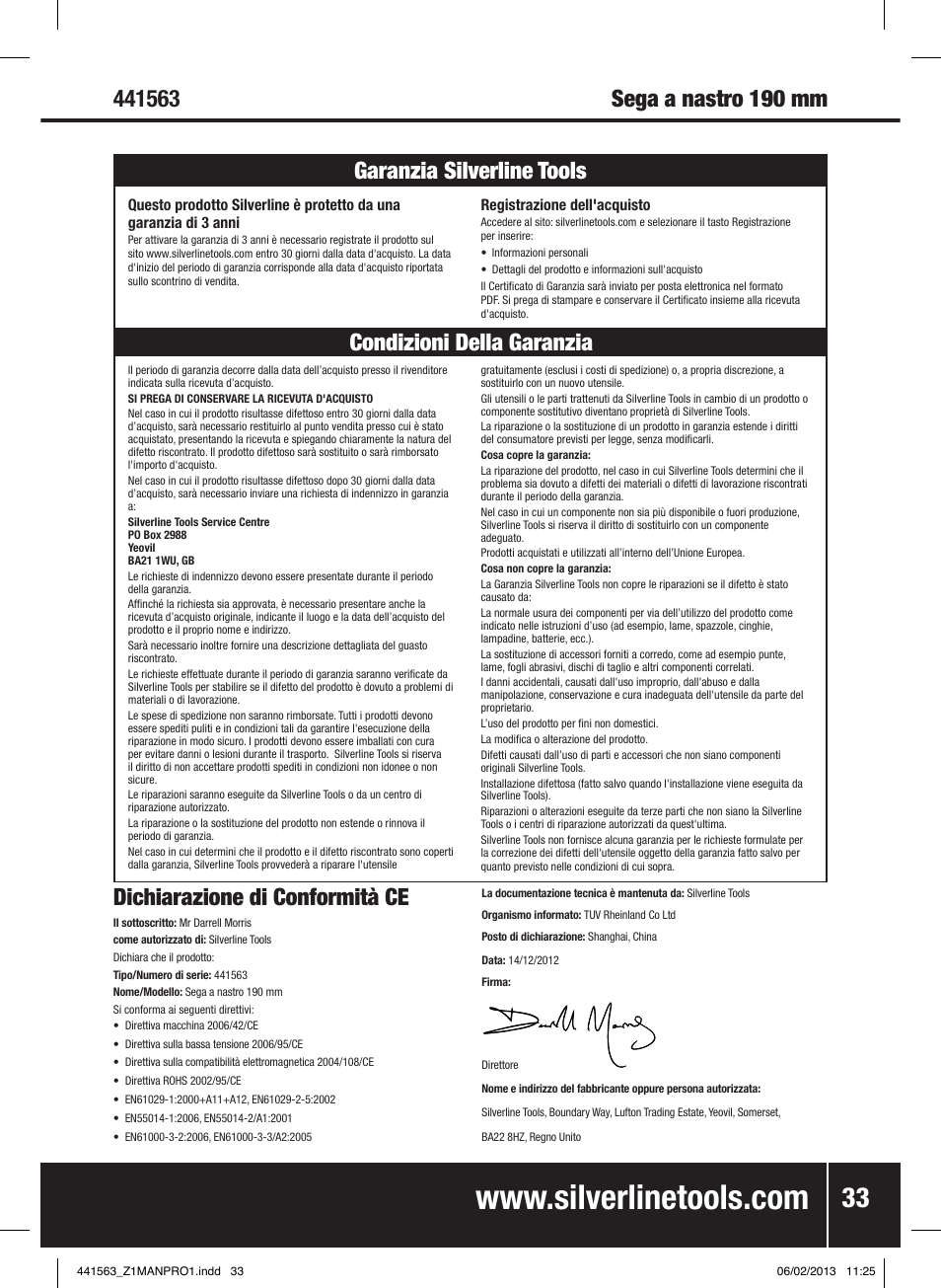 Dichiarazione di conformità ce, Sega a nastro 190 mm | Silverline Bandsaw 190mm User Manual | Page 36 / 42