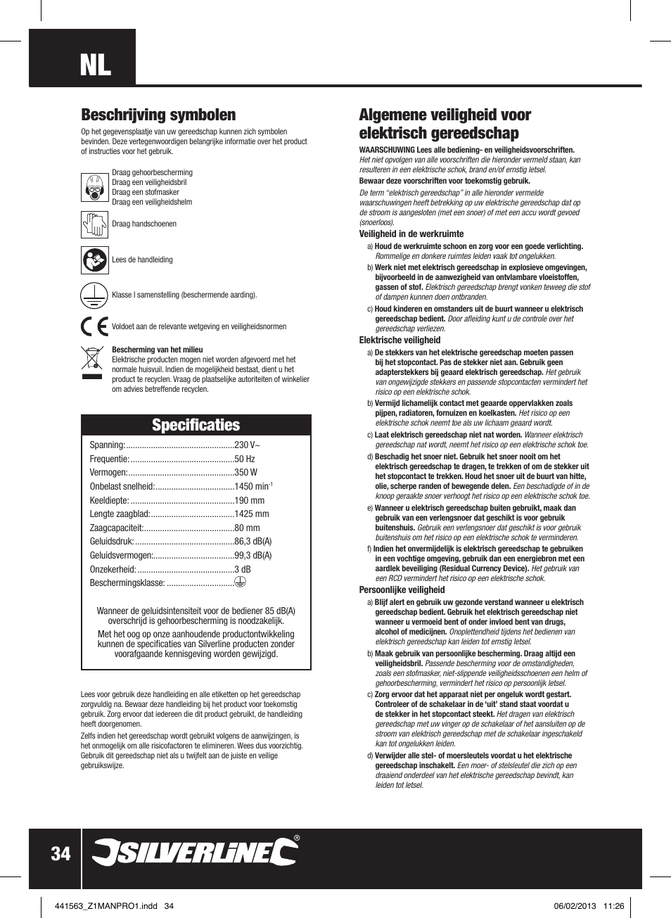 Algemene veiligheid voor elektrisch gereedschap, Beschrijving symbolen, Specificaties | Silverline Bandsaw 190mm User Manual | Page 37 / 42