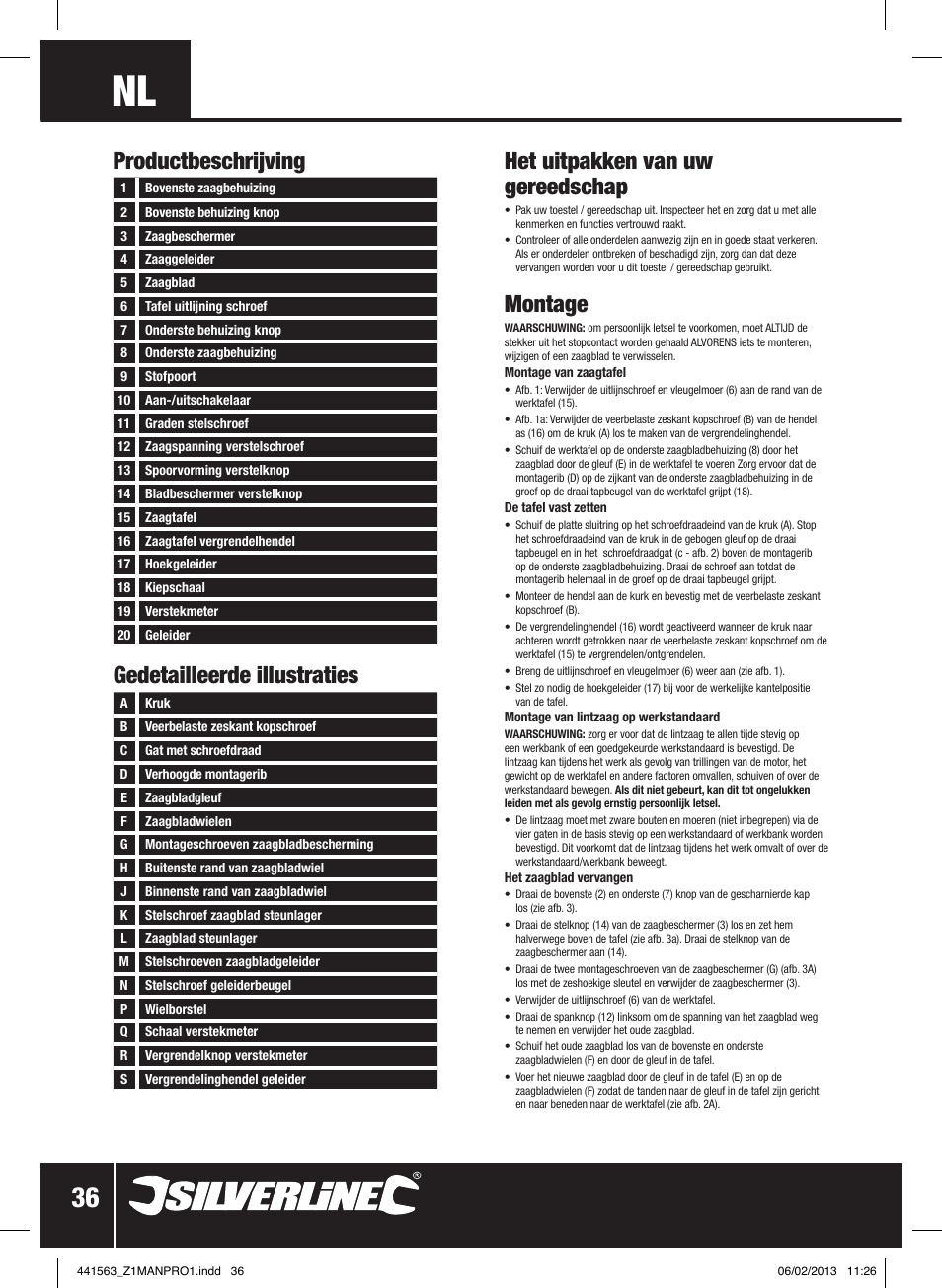 Montage, Productbeschrijving | Silverline Bandsaw 190mm User Manual | Page 39 / 42
