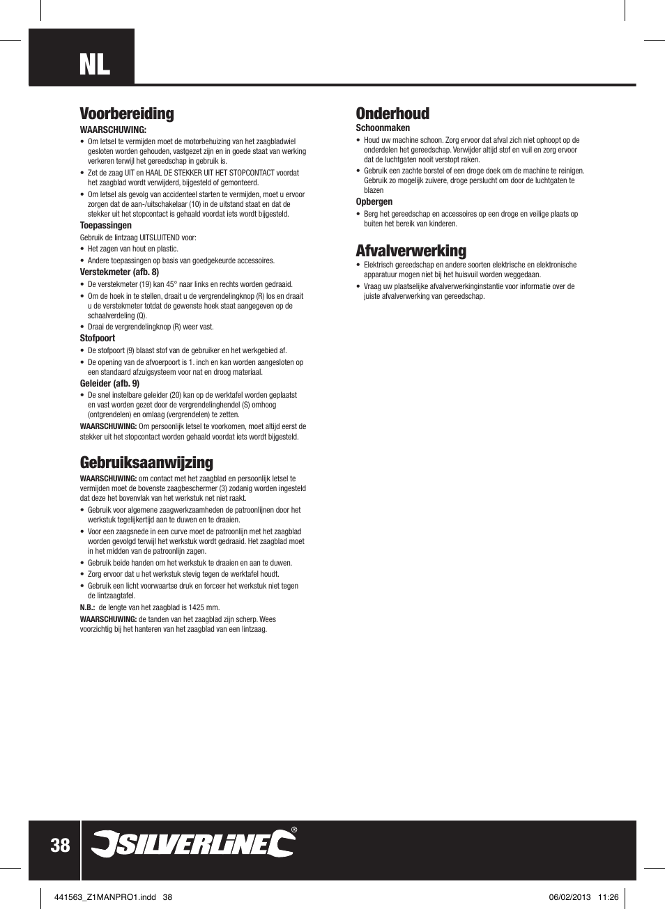 Voorbereiding, Gebruiksaanwijzing, Onderhoud | Afvalverwerking | Silverline Bandsaw 190mm User Manual | Page 41 / 42