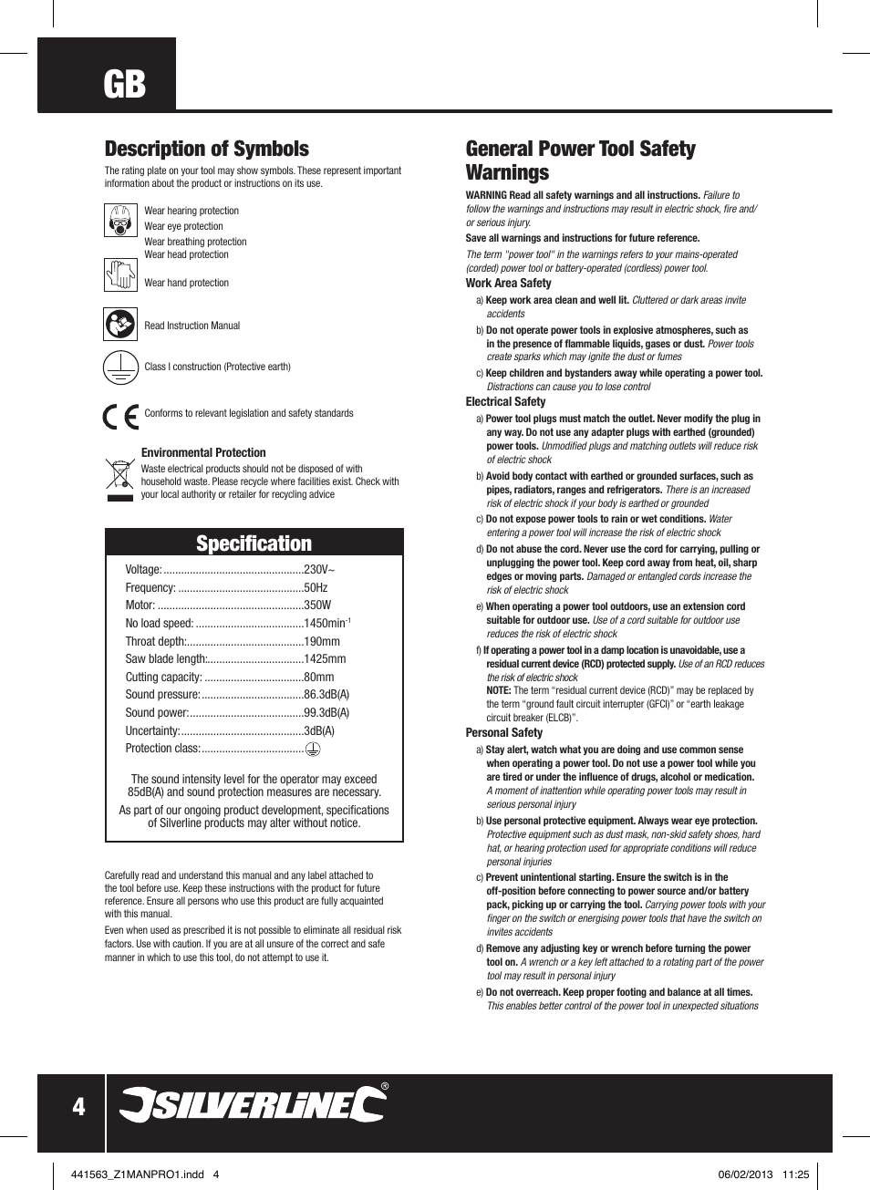General power tool safety warnings, Description of symbols, Specification | Silverline Bandsaw 190mm User Manual | Page 7 / 42