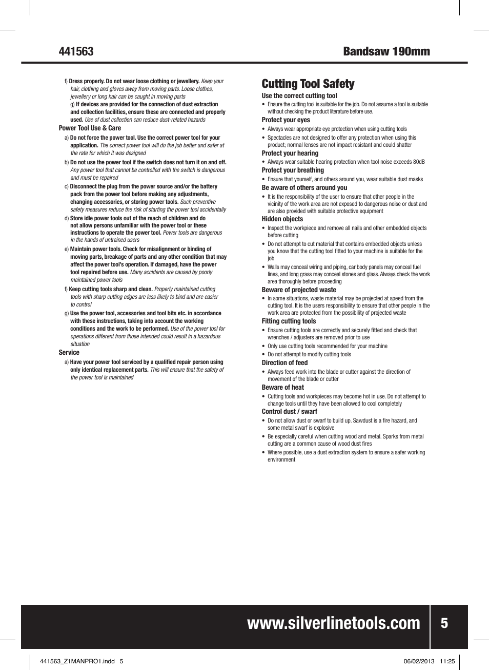 Cutting tool safety, Bandsaw 190mm | Silverline Bandsaw 190mm User Manual | Page 8 / 42