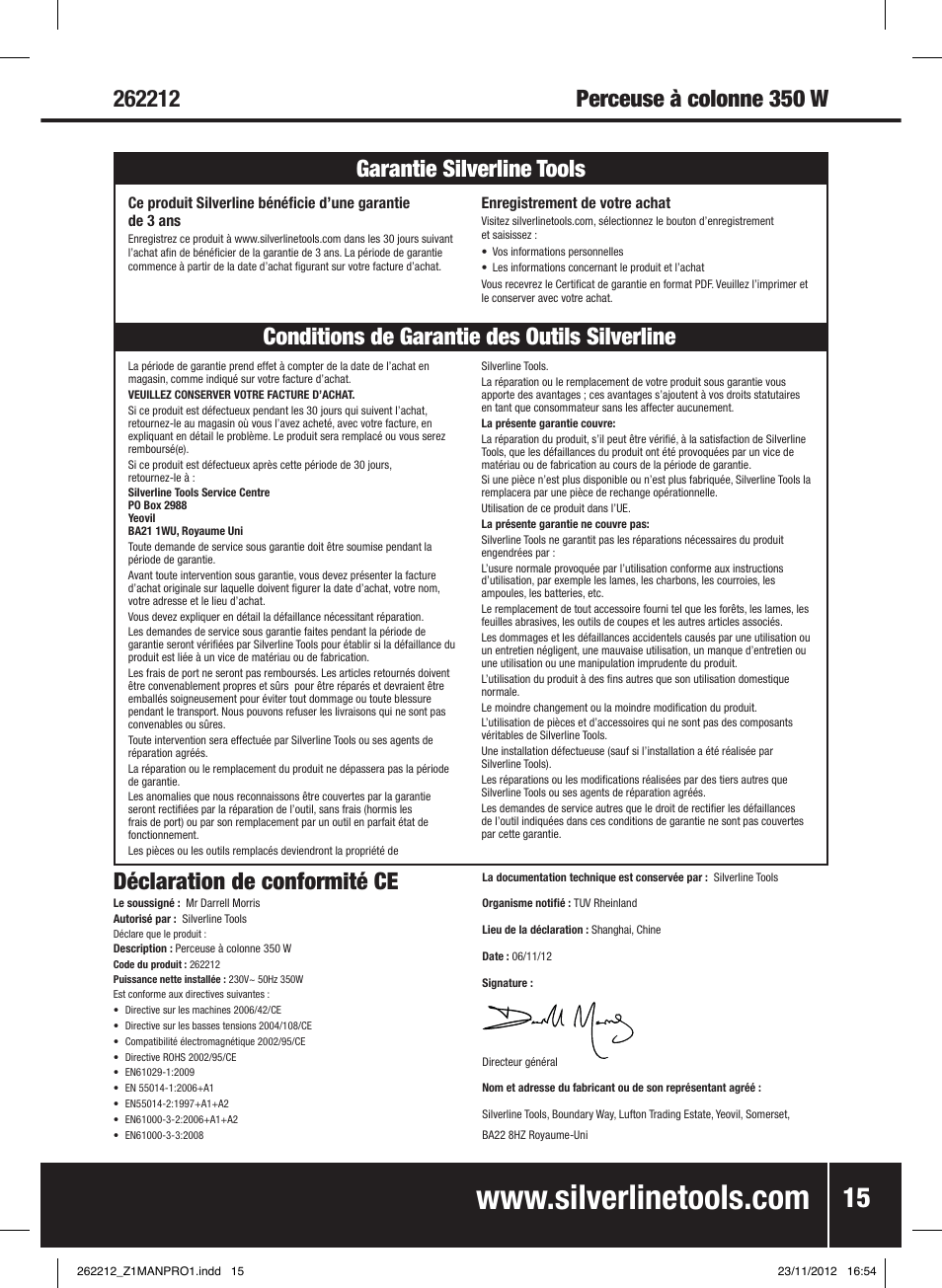 Déclaration de conformité ce | Silverline Drill Press 250mm User Manual | Page 16 / 40