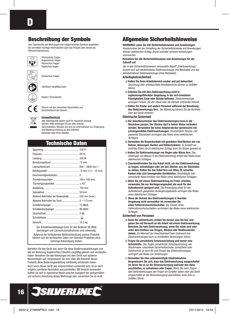 Technische daten, Beschreibung der symbole, Allgemeine sicherheitshinweise | Silverline Drill Press 250mm User Manual | Page 17 / 40