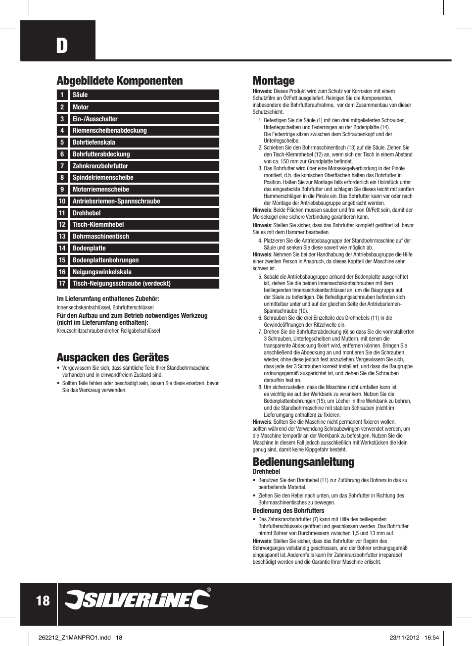 Auspacken des gerätes, Abgebildete komponenten montage, Bedienungsanleitung | Silverline Drill Press 250mm User Manual | Page 19 / 40