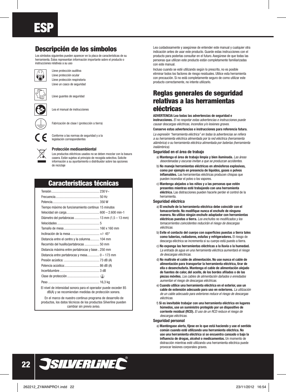 Características técnicas, Descripción de los símbolos | Silverline Drill Press 250mm User Manual | Page 23 / 40