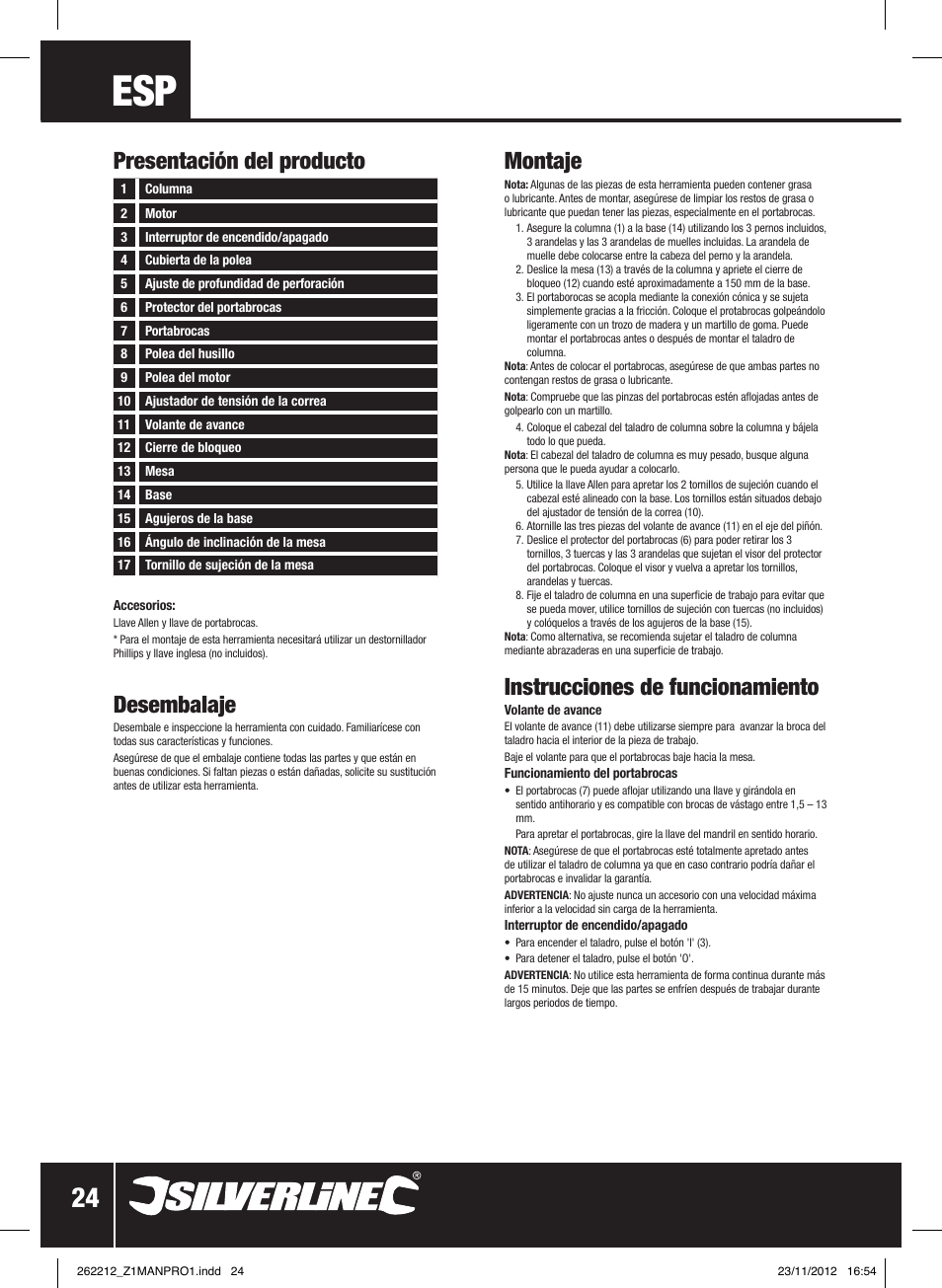 Desembalaje, Presentación del producto montaje, Instrucciones de funcionamiento | Silverline Drill Press 250mm User Manual | Page 25 / 40