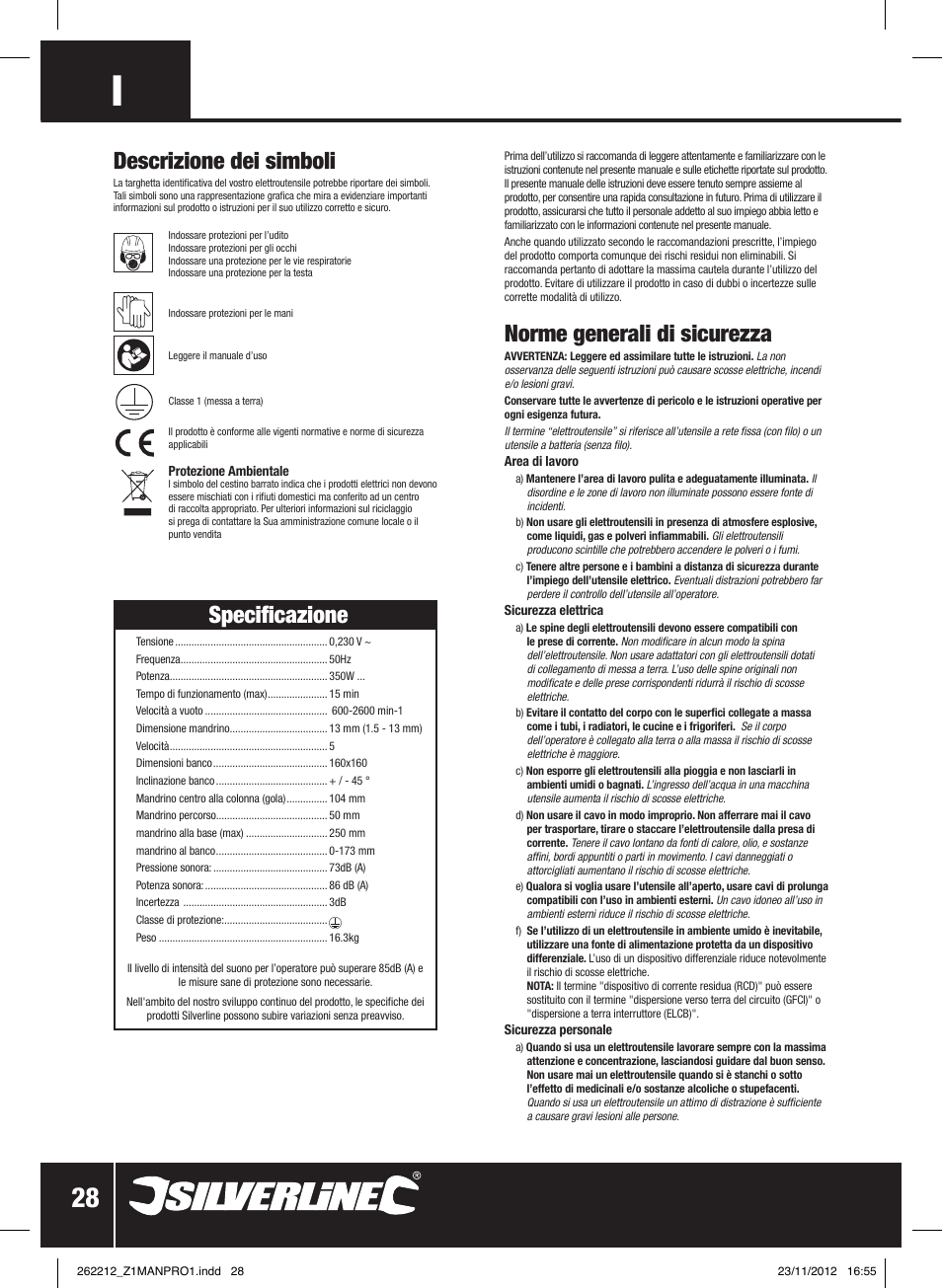 Descrizione dei simboli, Specificazione, Norme generali di sicurezza | Silverline Drill Press 250mm User Manual | Page 29 / 40