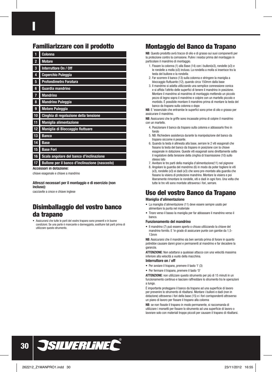 Disimballaggio del vostro banco da trapano, Uso del vostro banco da trapano | Silverline Drill Press 250mm User Manual | Page 31 / 40
