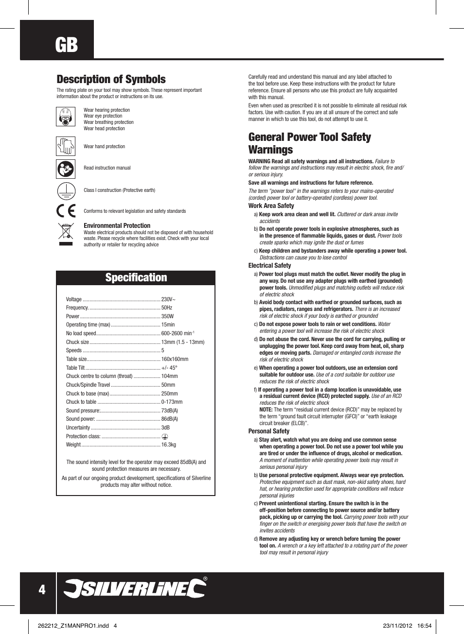 General power tool safety warnings, Description of symbols, Specification | Silverline Drill Press 250mm User Manual | Page 5 / 40