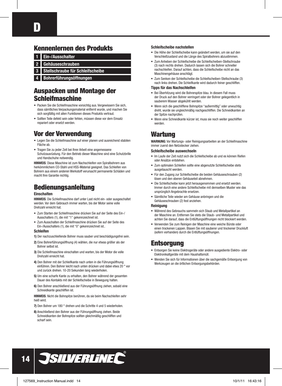 Auspacken und montage der schleifmaschine, Vor der verwendung, Bedienungsanleitung | Wartung, Entsorgung, Kennenlernen des produkts | Silverline Drill Bit Sharpener 70W User Manual | Page 15 / 28