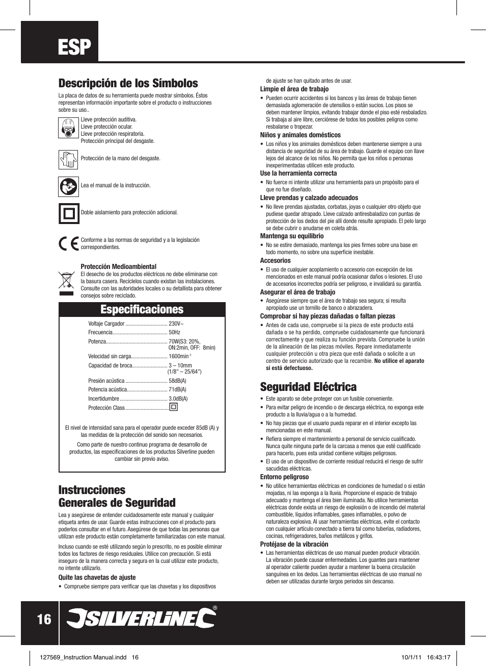 Descripción de los símbolos, Instrucciones generales de seguridad, Especificaciones | Seguridad eléctrica | Silverline Drill Bit Sharpener 70W User Manual | Page 17 / 28