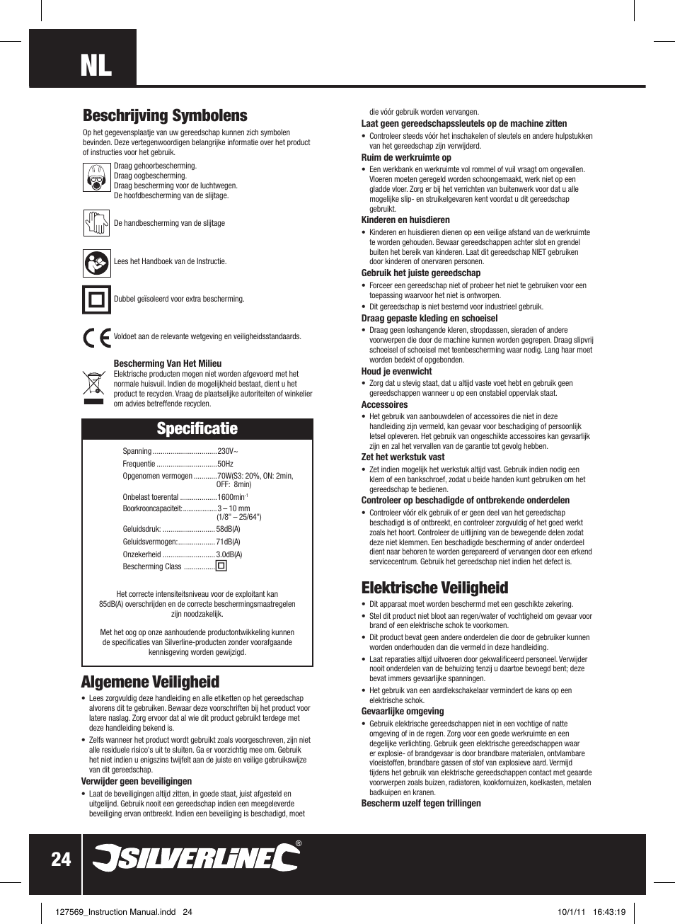 Beschrijving symbolens, Algemene veiligheid, Specificatie | Elektrische veiligheid | Silverline Drill Bit Sharpener 70W User Manual | Page 25 / 28