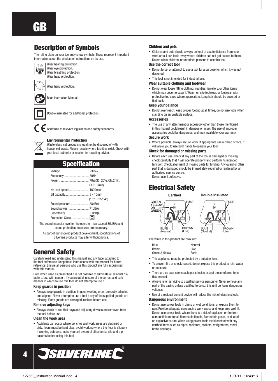 Description of symbols, Electrical safety, Specification | General safety | Silverline Drill Bit Sharpener 70W User Manual | Page 5 / 28