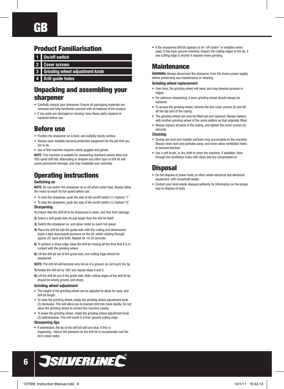 Before use, Operating instructions, Maintenance | Disposal | Silverline Drill Bit Sharpener 70W User Manual | Page 7 / 28