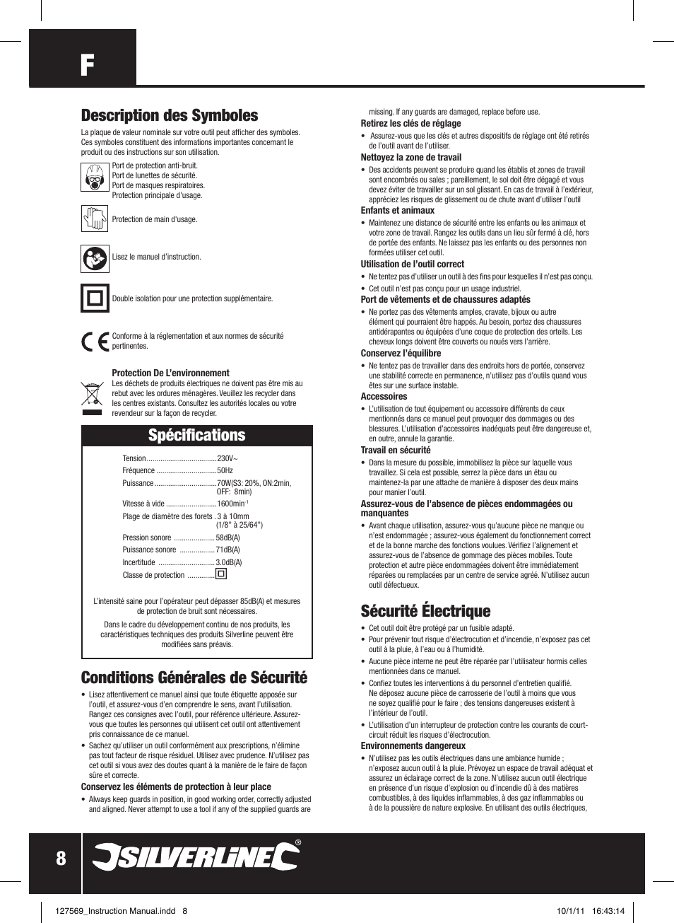 Conditions générales de sécurité, Spécifications, Sécurité électrique | Description des symboles | Silverline Drill Bit Sharpener 70W User Manual | Page 9 / 28